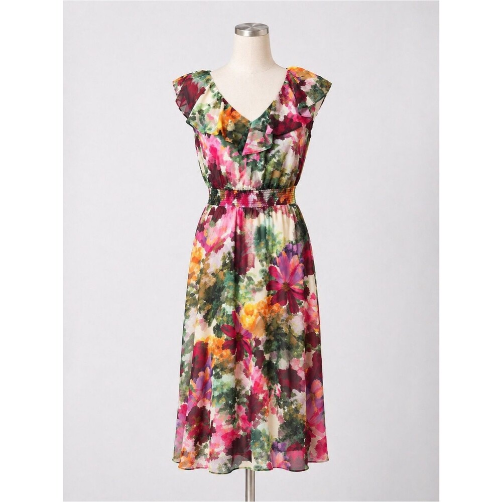 Vince Camuto Watercolor Floral Chiffon Midi Dress Ruffle Smocked Waist XS NEW